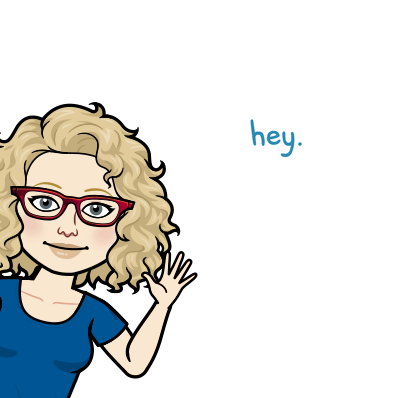 Bitmoji of Sue Littleford, copyeditor, waving and saying hey