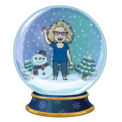 Sue Littleford, copyeditor, in snowglobe with snowman and Christmas tree