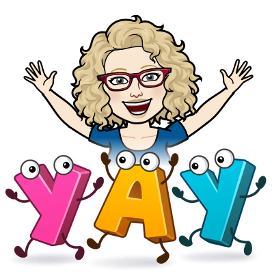 Bitmoji image of Sue Littleford, Apt Words, copyeditor, happy and excited with the letters Y-A-Y dancing in front of her