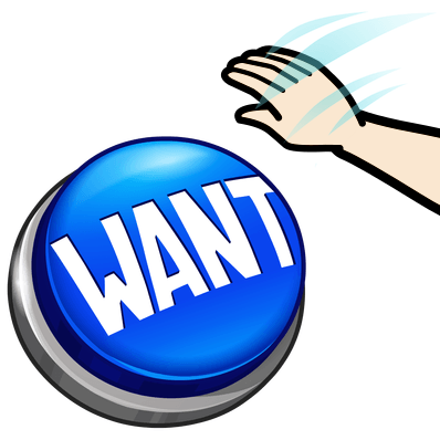 Large WANT button being pressed by Sue Littleford